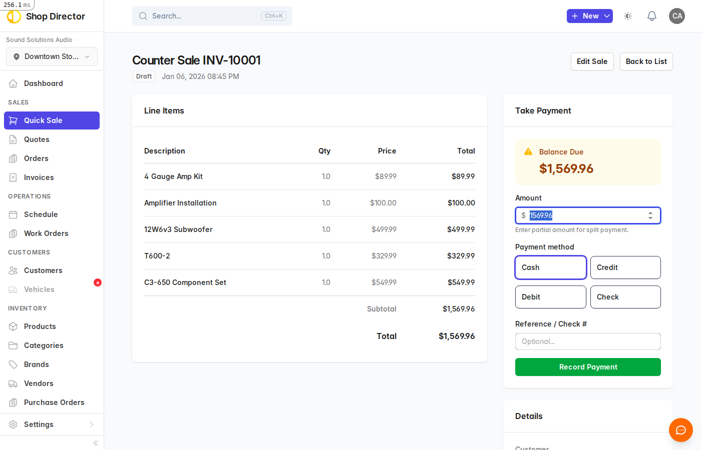 Quick Sale payment screen